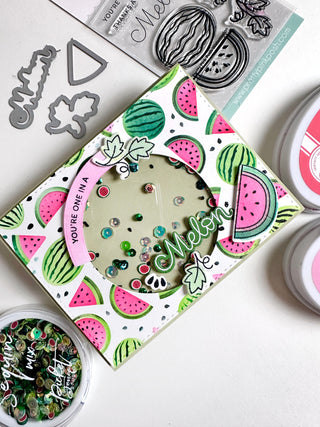 Learn how to make a shaker card using some coordinating stamps, stencils & sequins!