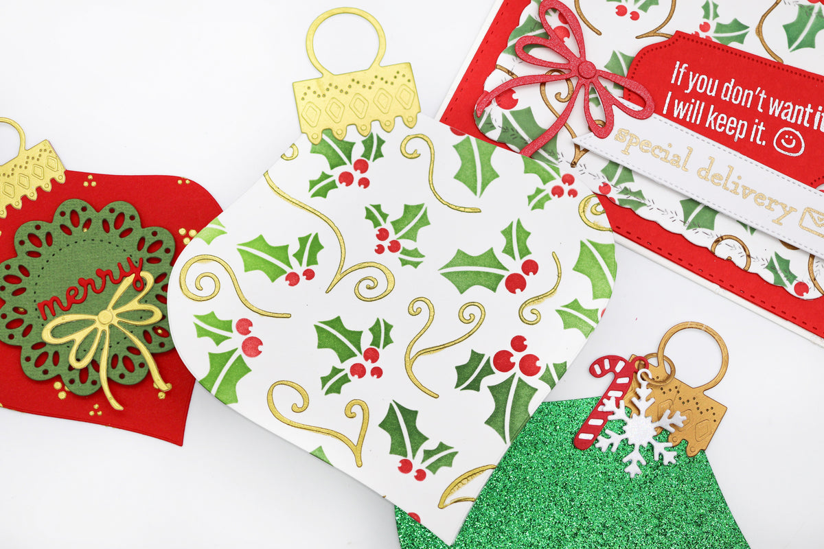 Handmade Holly Jolly Christmas projects with stenciled holly, red and green ornaments, bows and charms