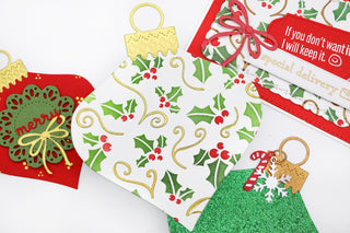 Handmade Holly Jolly Christmas projects with stenciled holly, red and green ornaments, bows and charms